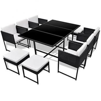 11-Piece Black Poly Rattan Outdoor Dining Set with Cushions