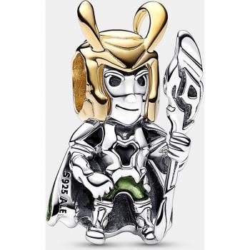PANDORA - Charm Loki Bicolor de Plata 925 y Oro Amarillo 14k con Esmalte Verde y Negro