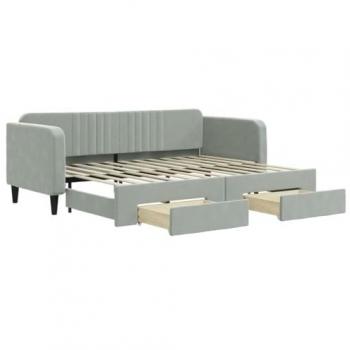 Sofá cama nido extraíble con cajones de terciopelo gris claro 80x200 cm