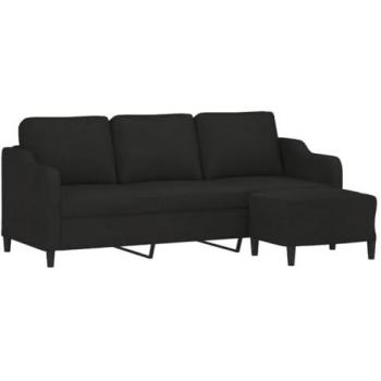 Sofá de 3 plazas con taburete de tela negro 180 cm, incluye reposapiés, asiento con respaldo y reposabrazos, ideal para salón y descanso