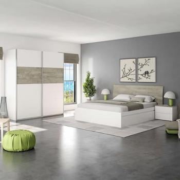 Pack Muebles Dormitorio Completo Estilo Nórdico en Color Roble Alaska y Blanco Artik (Cama + Cabecero + Mesitas + Armario)
