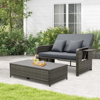 Rattan Loveseat Set with Ottoman - Costway 2-piece Wicker Outdoor Loveseat Sofa Set with Ottoman and Gray Cushions