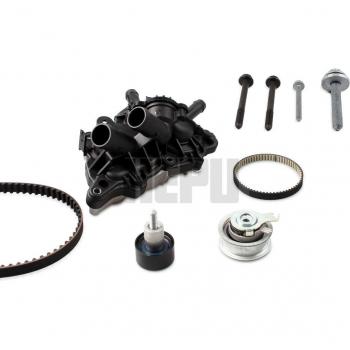 Bomba de Agua HEPU PK06750 + Kit Distribución con Termostato Montado en Agua y Tornillos para SEAT Ibiza 4, 4 Sportcoupe, ST
