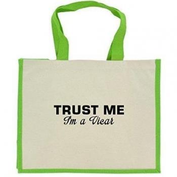 Trust Me I'm a Vicario en negro Estampado Yute Grande Bolso Compra con banda verde Asas y recorte