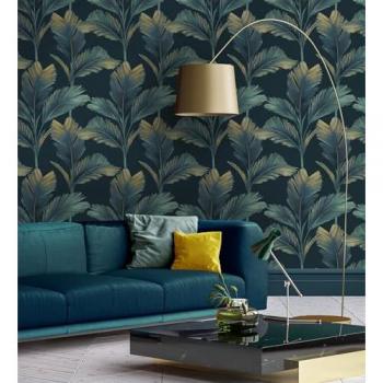 Papel Pintado Tropical Hojas de Palma Azul Turquesa sobre Fondo Azul Petróleo - Rollo 10 m x 0,53 m - GAULAN Areca 682848