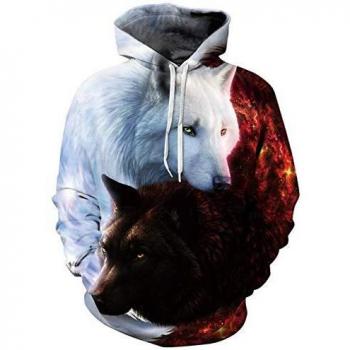 RAISEVERN Hombre Sudaderas Lobo 3D Sudadera con Capucha Estampada Chico Blanco Rojo Mujeres Divertido Adolescentes Fiesta Regalo, S