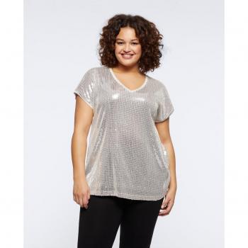 Camiseta de mujer de lentejuelas con cuello pico