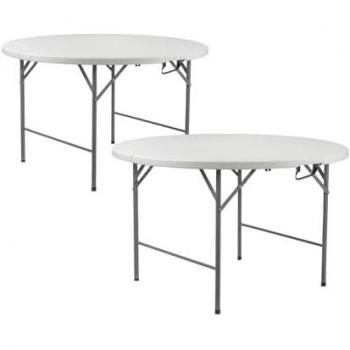 Pack 2 Mesas Plegables Portátiles de Resina Ø121cm en Blanco Efecto Granito Thinia Home