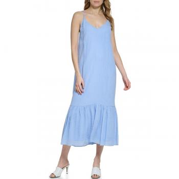 DKNY - Vestido midi de mujer con cuello pico y tirantes