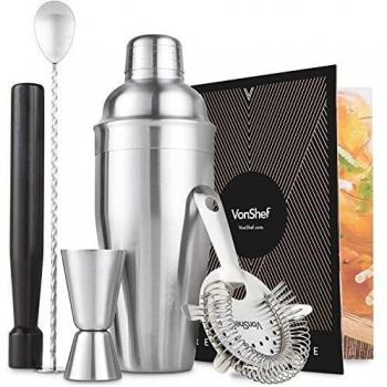 VonShef Coctelera Coctel Manhattan en Acero Inoxidable con Cuchara, Colador Hawthorne, Medidor de 25ml/ 50ml, Majador, Mezclador de 550ml y Libro de Recetas