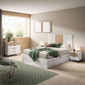 Pack Dormitorio Completo Arles Estilo Nórdico en Color Blanco Albo y Roble Rayado con 2 Mesitas de Noche, 1 Cómoda y 1 Cabecero