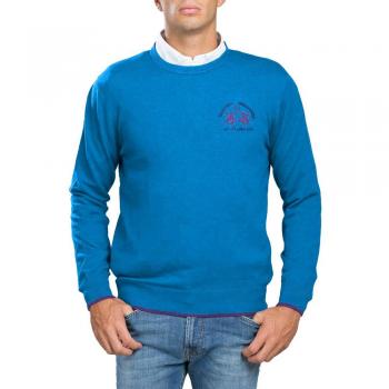 La Martina Light Blue Acrylic Round-neck Knitwear Sweater for Men, Size S, with Blue Embroidered Logo