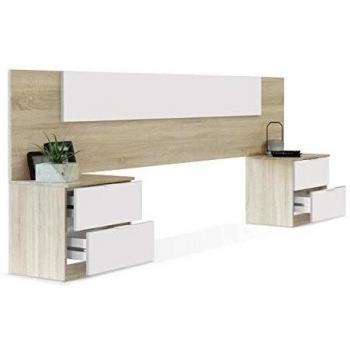 Cabezal + Dos Mesitas de Noche, Cabecero y Mesitas, Modelo Alaya, Acabado en Blanco Artik y Roble Canadian, Medidas: 247 cm