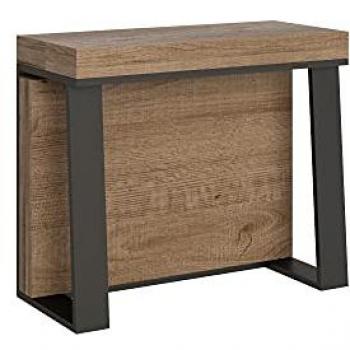Consola extensible 90x40/288 cm efecto madera roble natural con estructura de hierro en color antracita