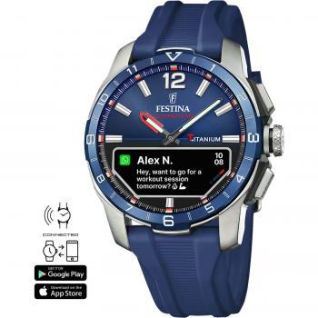 Festina Connected D Hybrid Smartwatch for Men, Titanium Case, Blue Silicone Band, Model F23000/1
