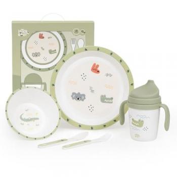 Interbaby Vajilla Bebé 5 Piezas Apta para microondas (Australia verde) - Set de vajilla infantil que incluye plato llano, bol, cuchara, tenedor y vaso antigoteo aprendizaje; apta para micro