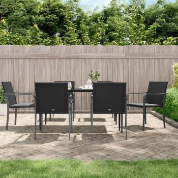 7-Piece Outdoor Dining Set with Cushions in Poly Rattan and Steel
