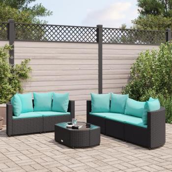 6-Piece Black Poly Rattan Garden Sofa Set with Cushions