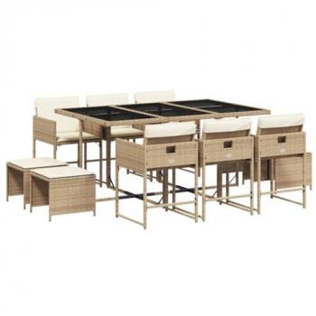 Set comedor de jardín 11 pzas con cojines ratán sintético beige