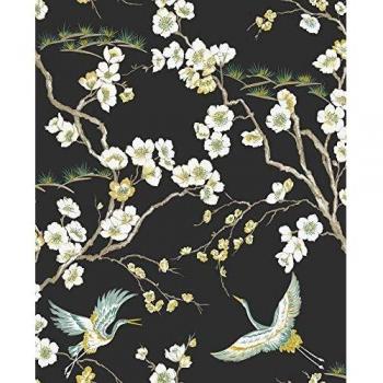 Sublime Black Japan Floral and Fauna Tropical Wallpaper