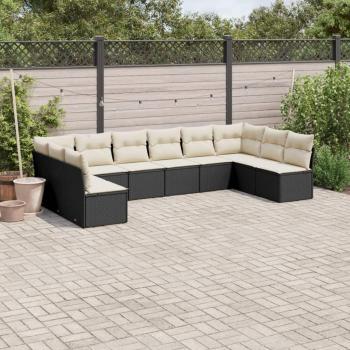 10-Piece Black Poly Rattan Garden Sofa Set with Cushions