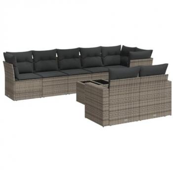 9-Piece Grey Poly Rattan Garden Sofa Set with Cushions