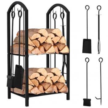 Leñero Interior de Metal Negro con 2 Estantes y 4 Utensilios para Chimenea - Vounot