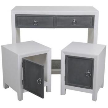 WANDERLUST DECO Set recibidor y dos taburetes de madera grises, estilo romántico, 2 puertas