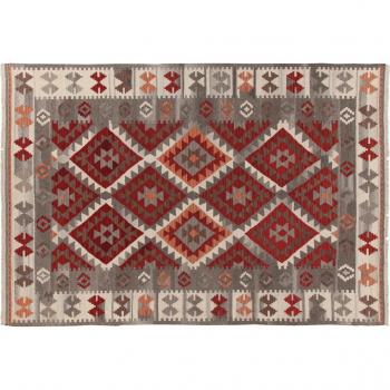 Alfombra Kilim de lana entrelazada a mano roja y gris 200x140 cm diseño original auténtico de India