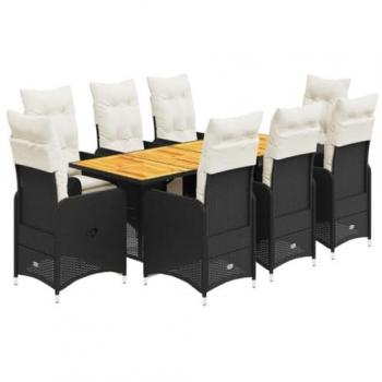9-Piece Black Poly Rattan Garden Bistro Set with Cushions