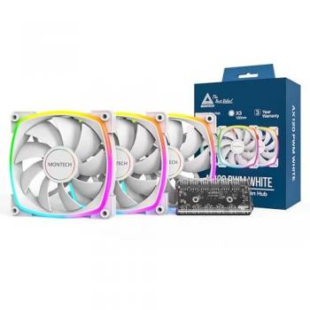 Montech Ventilador AX120 PWM ARGB 120mm Blanco (Pack 3) - Ventilador PWM de alta velocidad 1600 RPM, rendimiento silencioso, durabilidad de gama alta con rodamiento HDB, diseño de iluminación