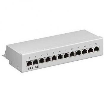 Patch Panel Mini Escritorio Cat5e, 12 Puertos RJ45 STP, Montaje en Pared, Color Gris