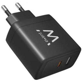Cargador Rápido de Pared USB-A y USB-C Ewent EW1330 65W Negro
