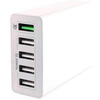 Ksix Cargador de Red con 5 Salidas USB, 1 Salida Quick Charge 3.0 y 4 Salidas Smart Charge, Carga Rápida, 10A, Color Blanco