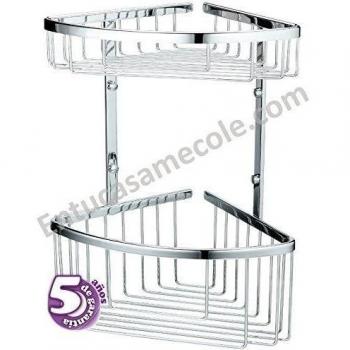 Kibath 420031 Ducha o bañera ACO Doble. Diseño de Esquina para Aprovechar el máximo Espacio. Cestas de Gran Capacidad para Poner Botes de Gel, champú. Fabricada en latón, Cromo Brillo