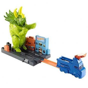 Hot Wheels City Global Nemesis TV, Dinosaurio Triceratops y lanzador de coches de juguete
