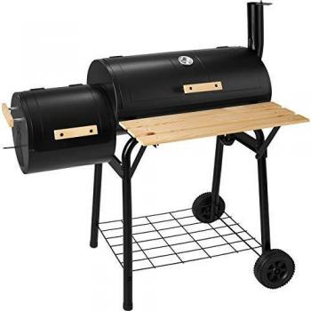 Barbacoa portátil Tectake para carbón con termómetro, multifunciones ideal para asar, cocer y ahumar, incluye termómetro en la parte superior, tubo de ventilación y soporte de madera en el frontal