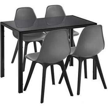 Juego de Comedor Minimalista Mesa de Vidrio y Plástico con 4 Sillas - 105 x 60 x 75 cm - Negro y Gris