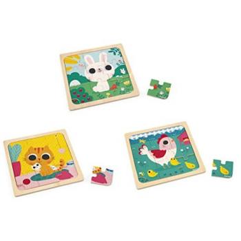 Puzzle de Madera Janod - 3 Puzles de 9 Piezas: Gallina, Gato y Conejo - Juguete Infantil Educativo para Primera Infancia a Partir de 18 Meses, Multicolor (