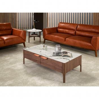 Mesa Rincón Redonda de Fibra de Vidrio Efecto Mármol Calacatta y Madera de Nogal - Ø60 x 50 cm