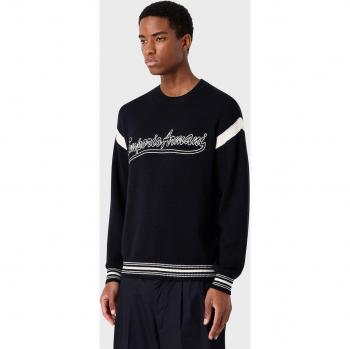 Emporio Armani Men's Round Neck Blue Ribbed Knit Pullover Sweater with Italic Logo