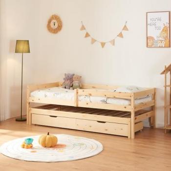 Cama Nido Infantil Sonkajärvi 90x200cm con 2 Cajones de Madera de Pino Natural estilo Montessori