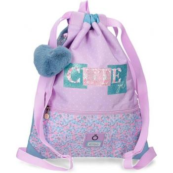Mochila saco infantil Enso Cute Girl con diseño lila, bolsillo frontal y asas ajustables