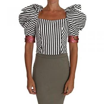 Dolce & Gabbana White Black Striped Cropped Top Puff Sleeve Shirt - IT44|L
