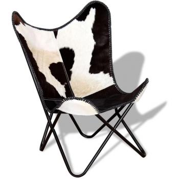 vidaXL Butterfly Chair - Black and White Real Cowhide Leather