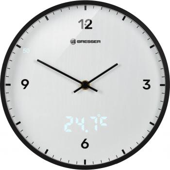Reloj de pared Bresser MyTime LEDSec blanco con indicador de temperatura, silencioso, pantalla LED, diámetro de 24 cm