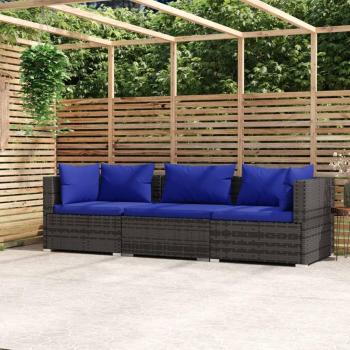 Sofá de jardín de 3 plazas con cojines en Polyrattan gris
