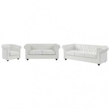 Conjunto de Sofás Chesterfield 3 Plazas, 2 Plazas y Sillón en Simili Cuero Blanco - Relaxación para 6 Personas
