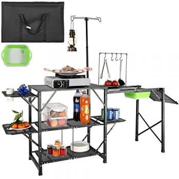 Vevor Portable Folding Camping Kitchen Table with Sink, Aluminum Outdoor Cook Station, 2 Shelves & Carrying Bag - 174 x 50 x 160 cm