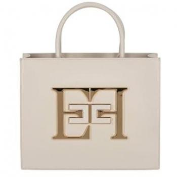 Elisabetta Franchi Women's Medium Handbag with Logo, Ivory Brushed Effect Shopper Bag